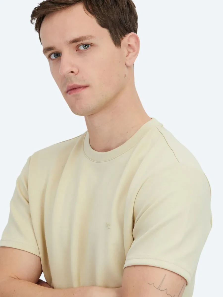 Açık Sarı Düz Bisiklet Yaka T-Shirt - 3