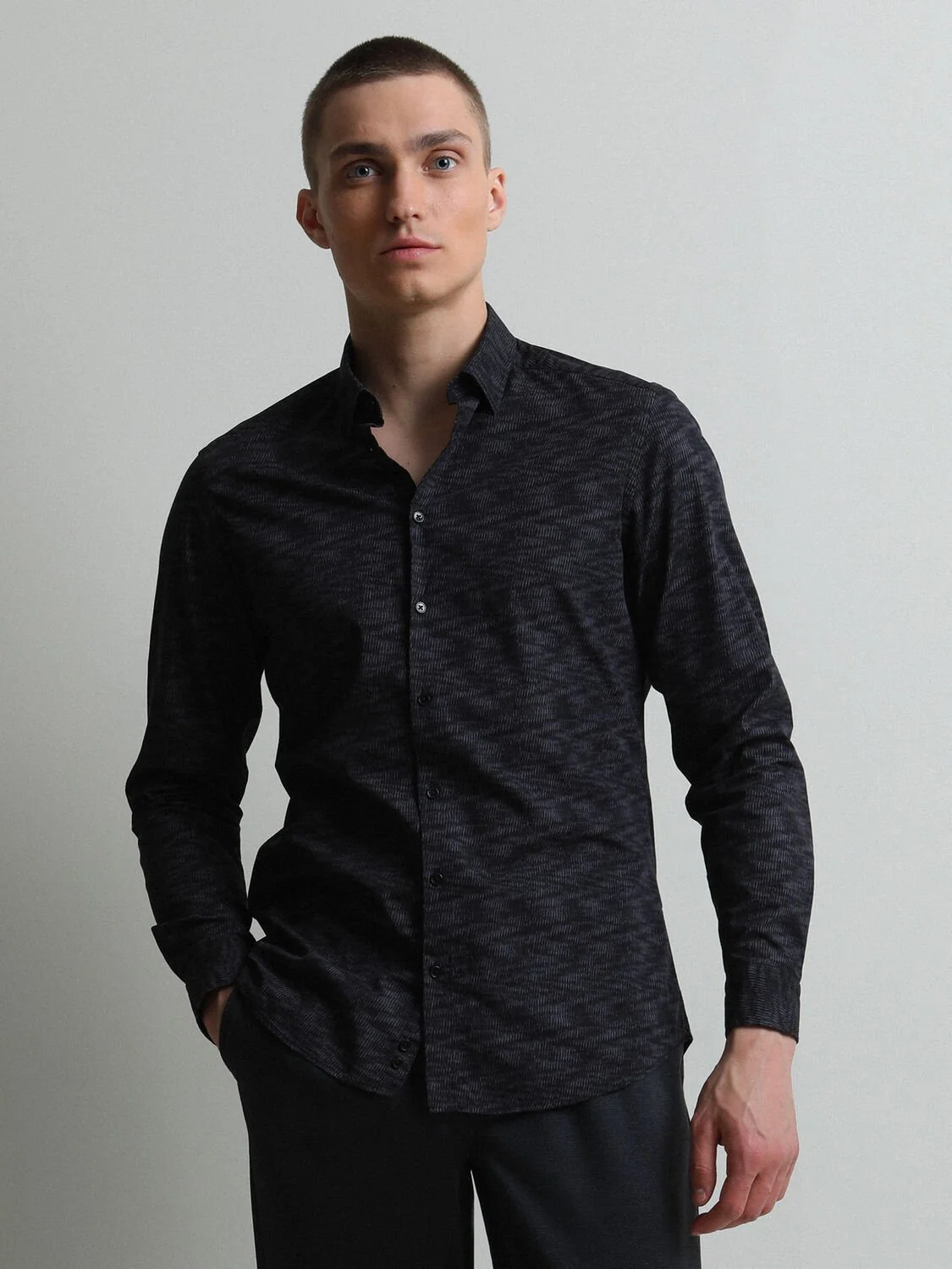 Antrasit Baskılı Slim Fit Dokuma Casual %100 Pamuk Gömlek - 1