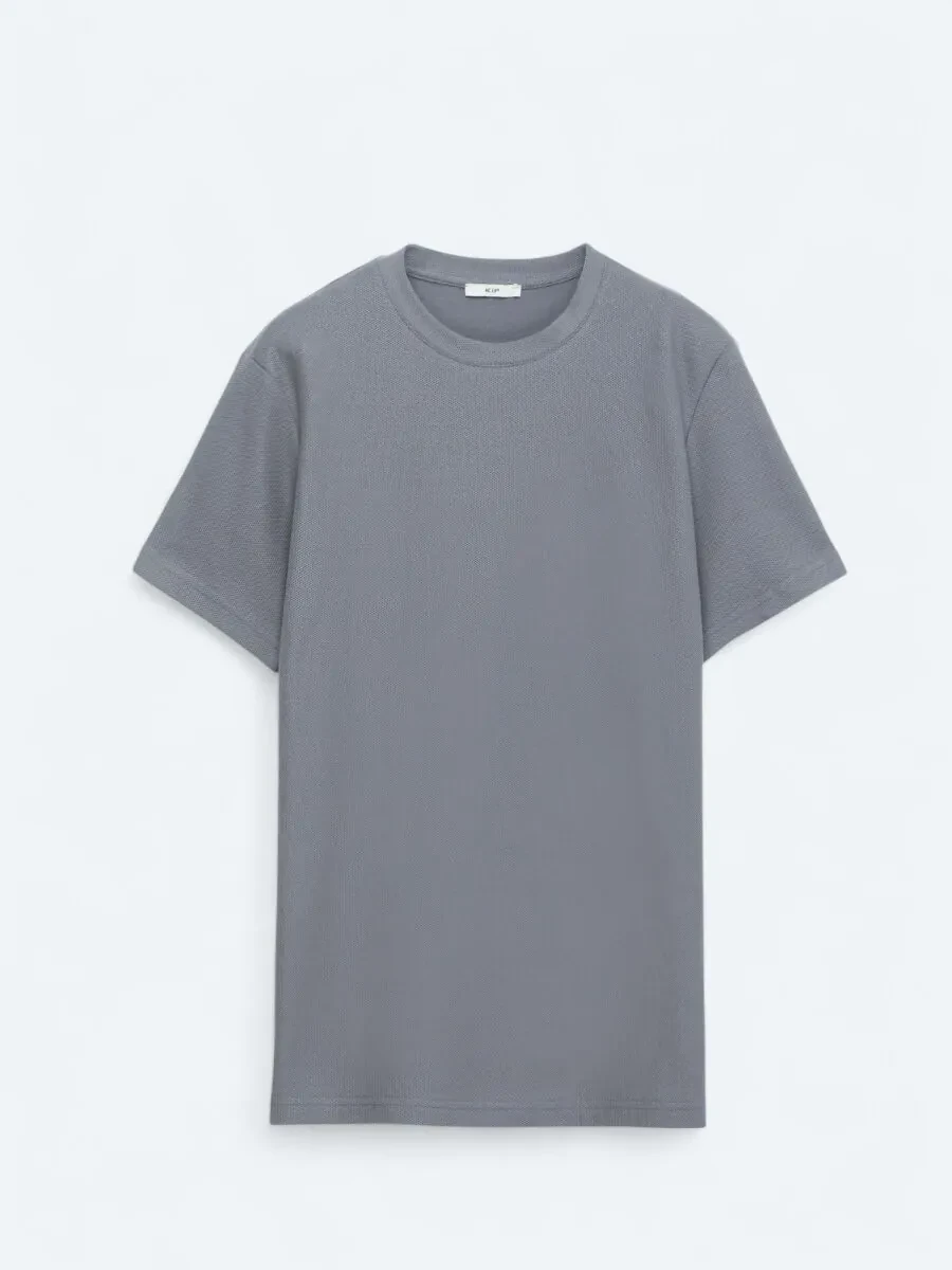 Antrasit Bisiklet Yaka %100 Pamuk T-Shirt - 1