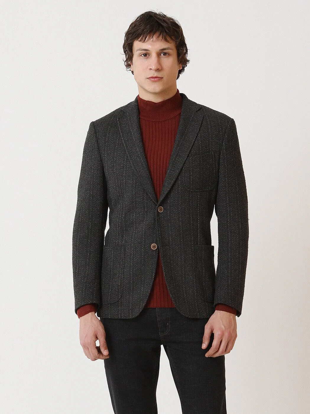 Antrasit Çizgili Modern Fit Örme Ceket - 1