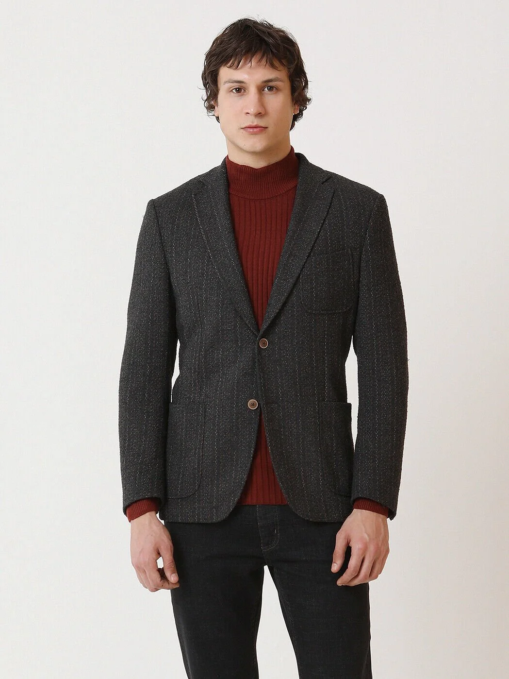 Antrasit Çizgili Modern Fit Örme Ceket - 1