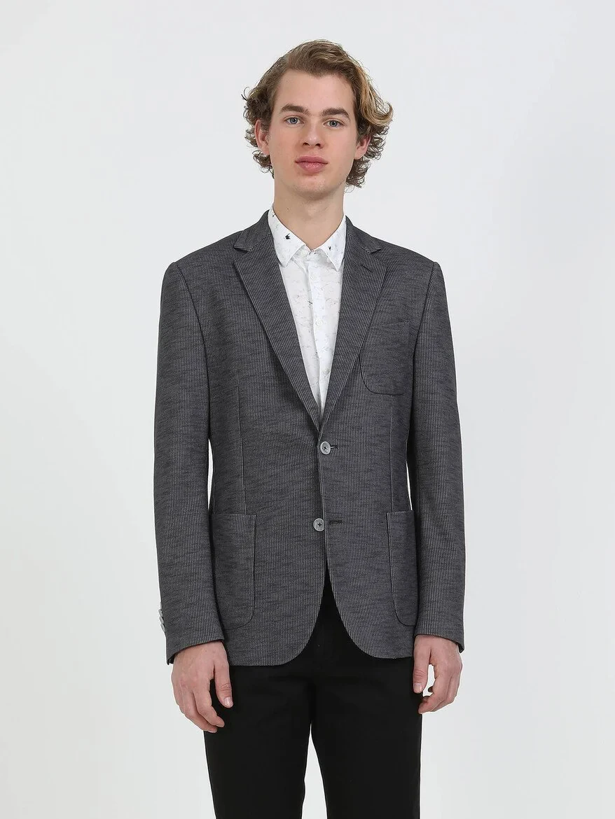 Antrasit Çizgili Modern Fit Pamuk Karışımlı Örme Takım Elbise - 5