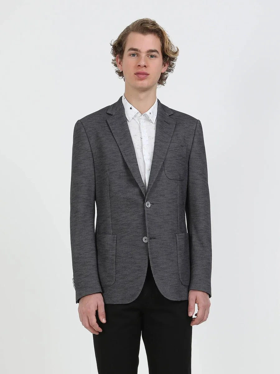 Antrasit Çizgili Modern Fit Pamuk Karışımlı Örme Takım Elbise - 5