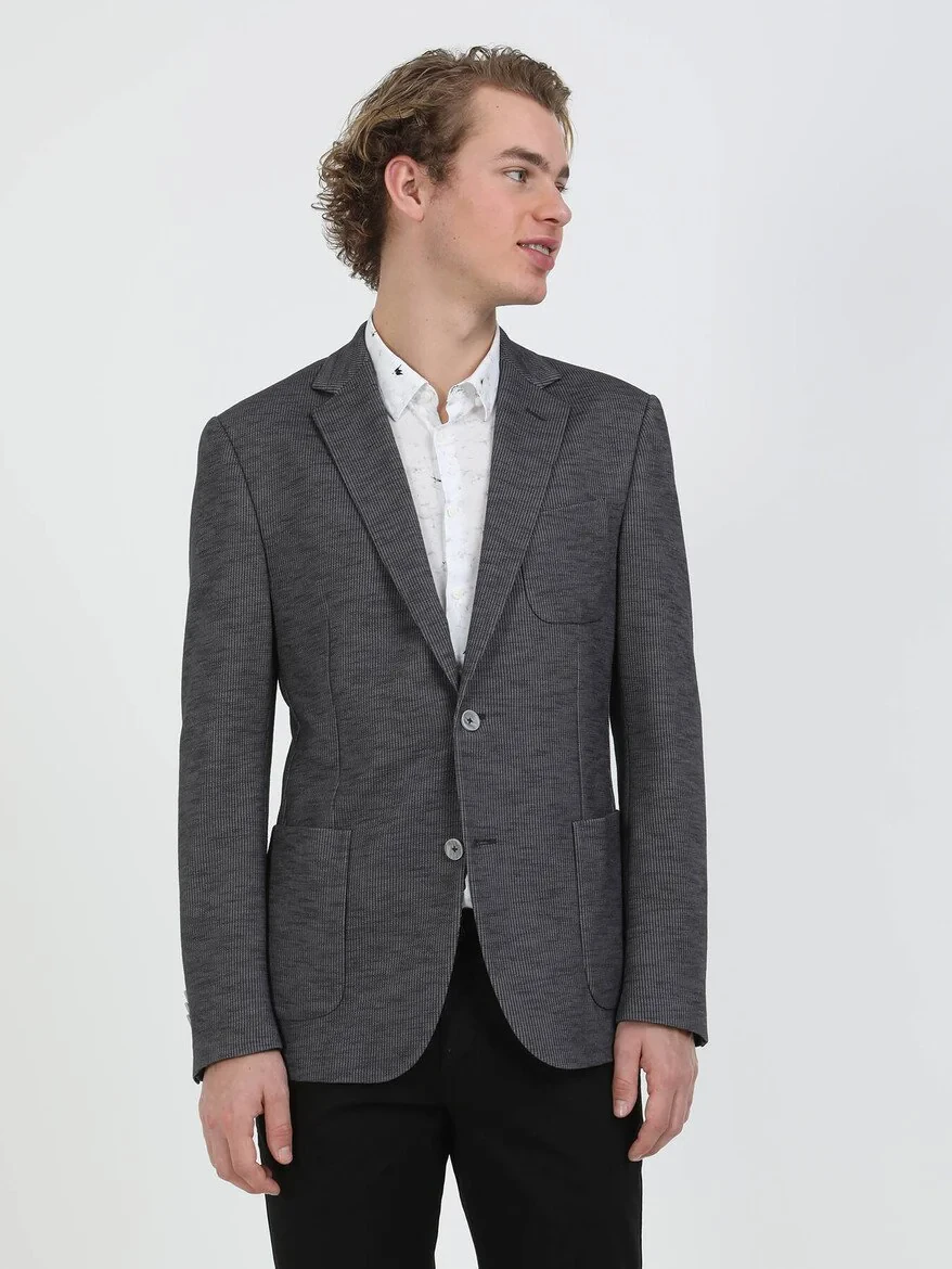 Antrasit Çizgili Modern Fit Pamuk Karışımlı Örme Takım Elbise - 6