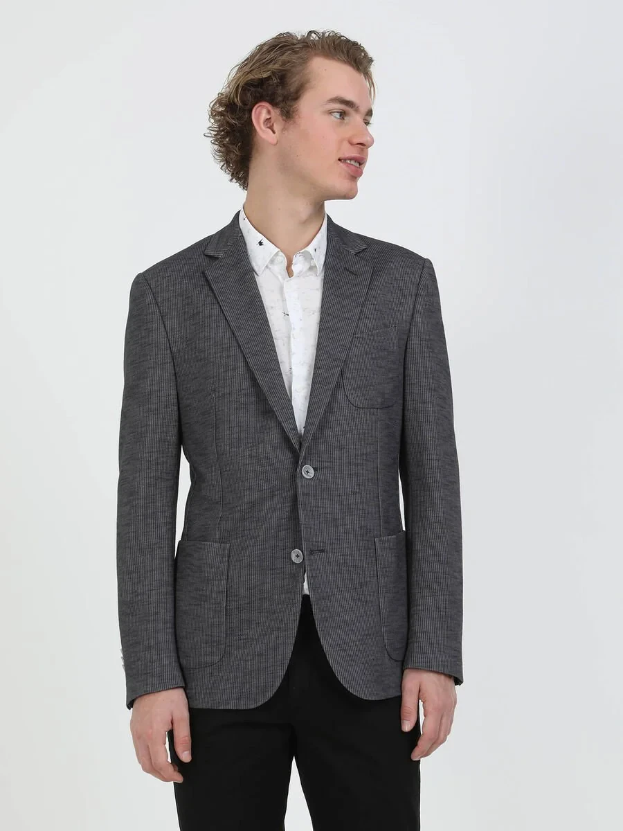 Antrasit Çizgili Modern Fit Pamuk Karışımlı Örme Takım Elbise - 6