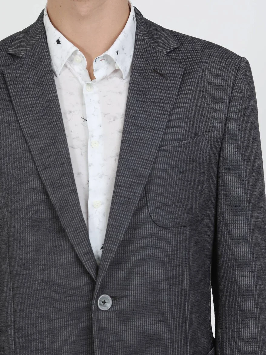 Antrasit Çizgili Modern Fit Pamuk Karışımlı Örme Takım Elbise - 10