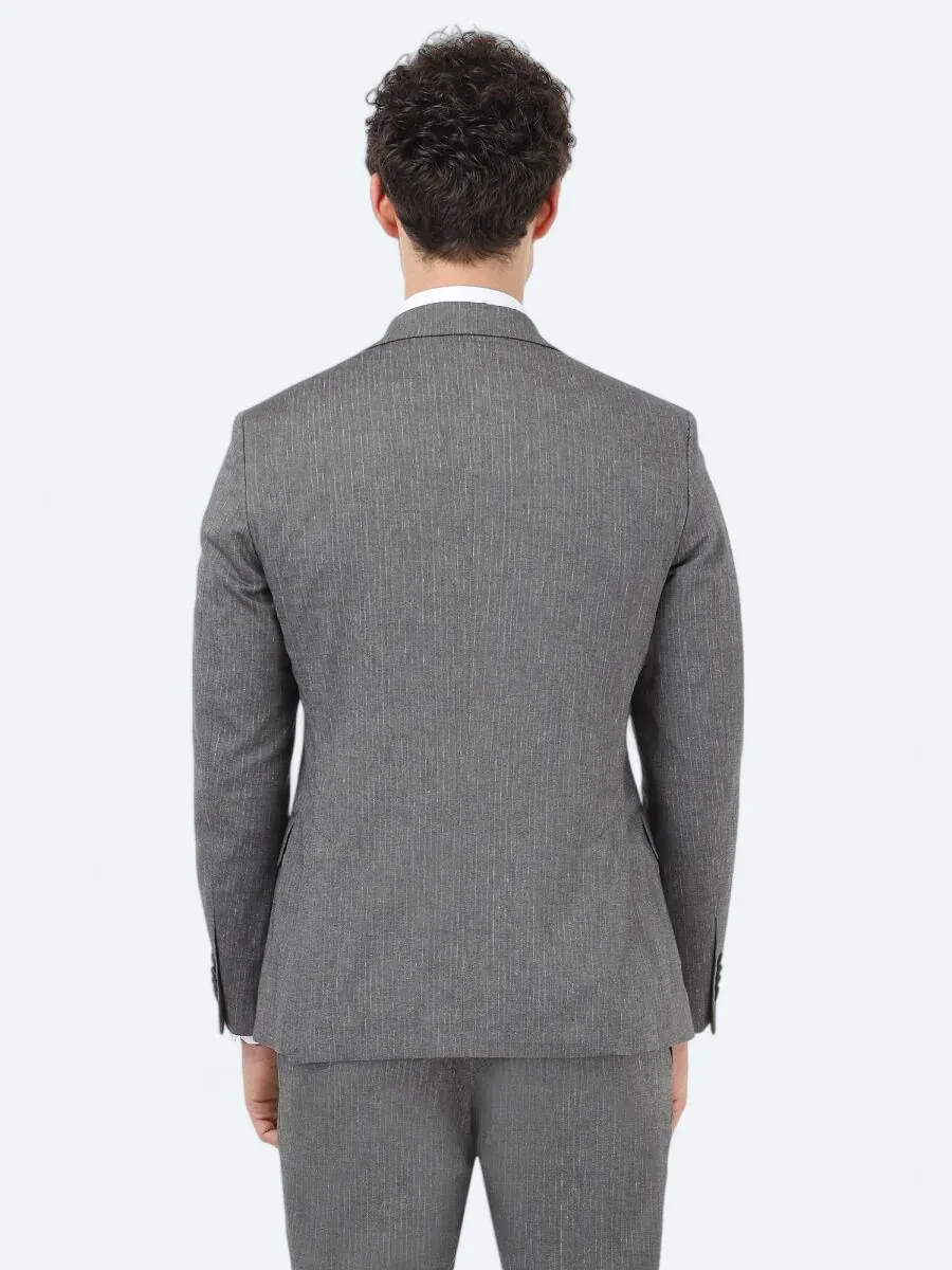 Antrasit Çizgili Modern Fit Pamuk Karışımlı Takım Elbise - 6