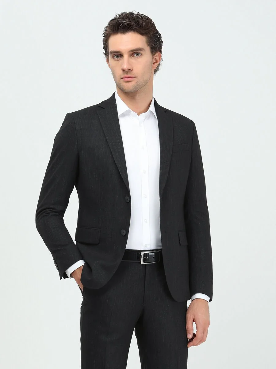 Antrasit Çizgili Modern Fit Takım Elbise - 1
