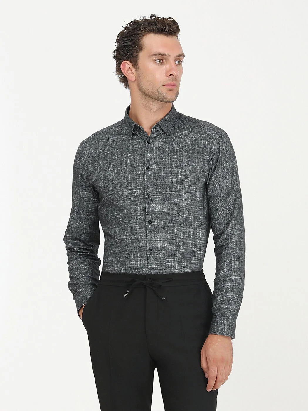 Antrasit Desenli Regular Fit Dokuma Casual %100 Pamuk Gömlek - 1