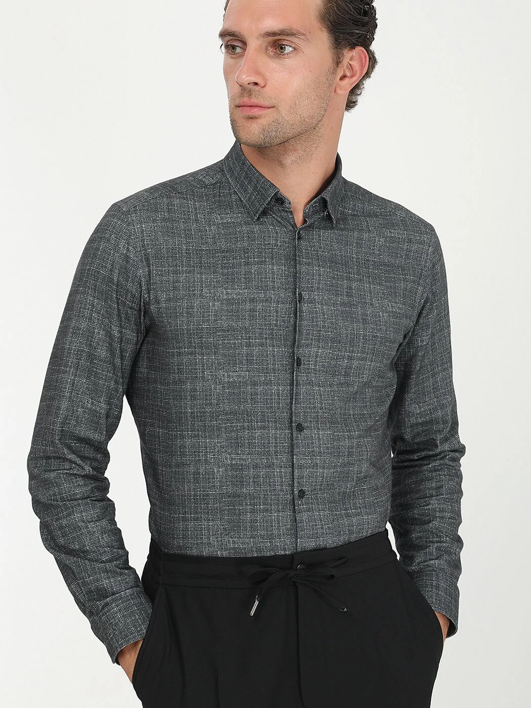 Antrasit Desenli Regular Fit Dokuma Casual %100 Pamuk Gömlek - 3