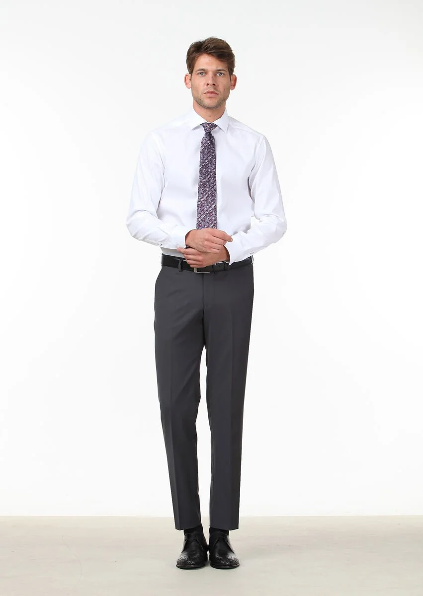 Antrasit Düz Dokuma Slim Fit Klasik Yün Karışımlı Pantolon - 1