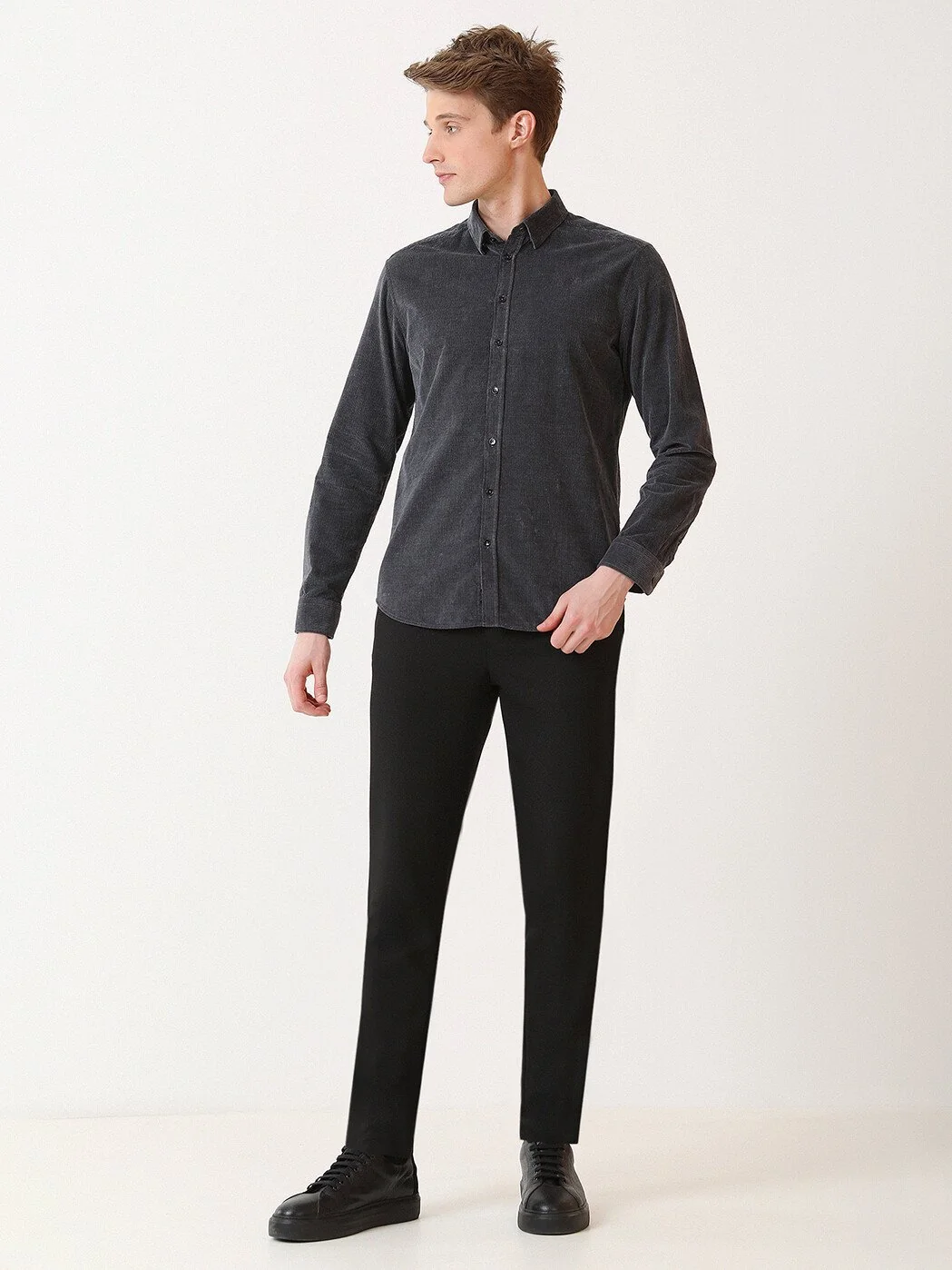 Antrasit Fitilli Regular Fit Dokuma Kadife Casual %100 Pamuk Gömlek - 3