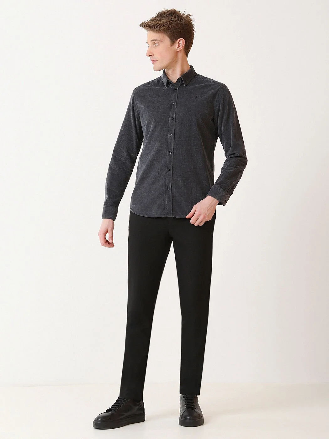 Antrasit Fitilli Regular Fit Dokuma Kadife Casual %100 Pamuk Gömlek - 3