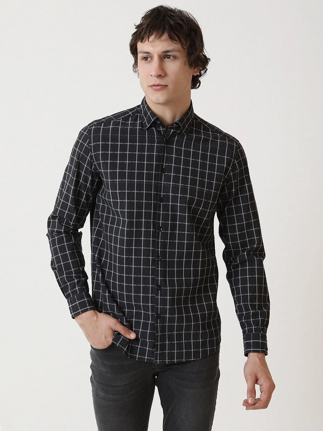 Antrasit Kareli Regular Fit Dokuma Casual Pamuk Karışımlı Gömlek - 2