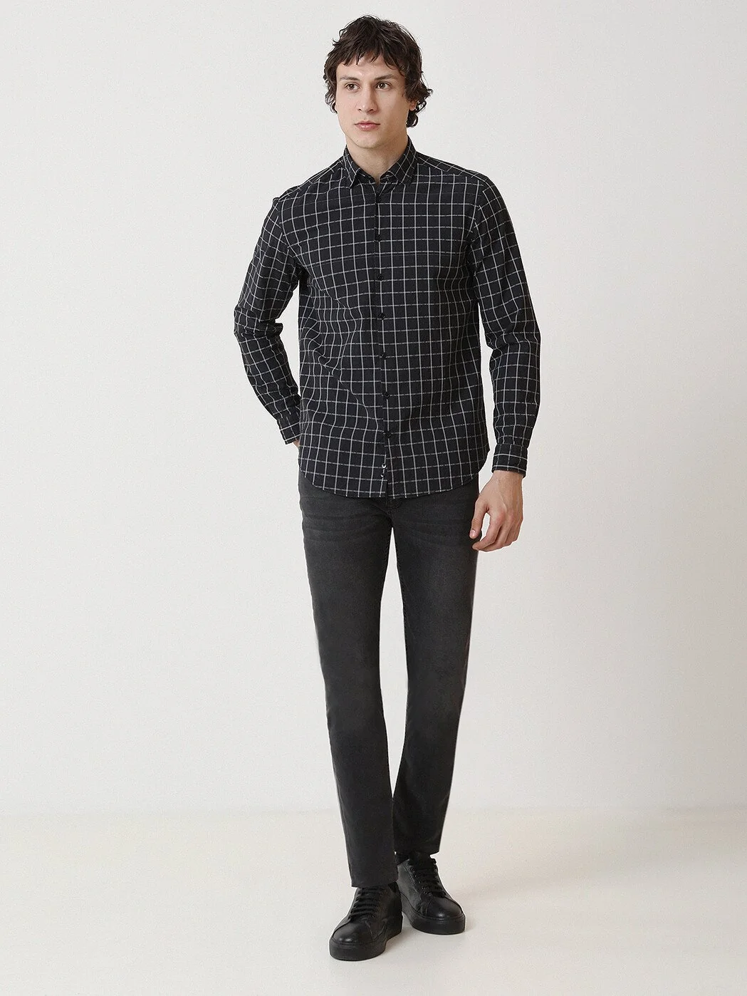 Antrasit Kareli Regular Fit Dokuma Casual Pamuk Karışımlı Gömlek - 4