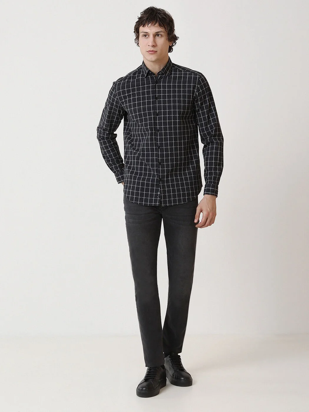 Antrasit Kareli Regular Fit Dokuma Casual Pamuk Karışımlı Gömlek - 4