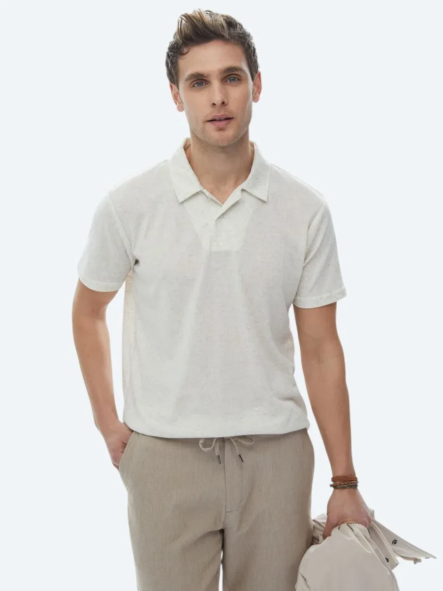 Beige Cuban Collar Linen Blended T-Shirt - 1
