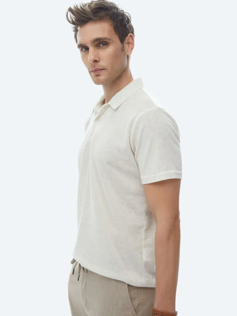 Beige Cuban Collar Linen Blended T-Shirt - 2