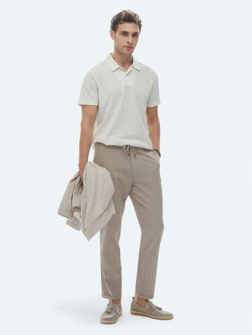 Beige Cuban Collar Linen Blended T-Shirt - 3