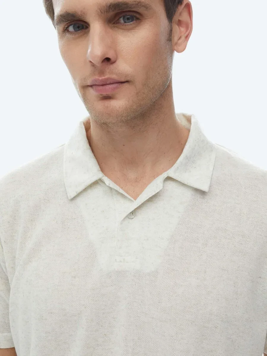 Beige Cuban Collar Linen Blended T-Shirt - 4