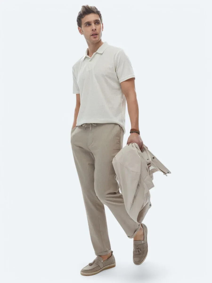 Beige Cuban Collar Linen Blended T-Shirt - 5
