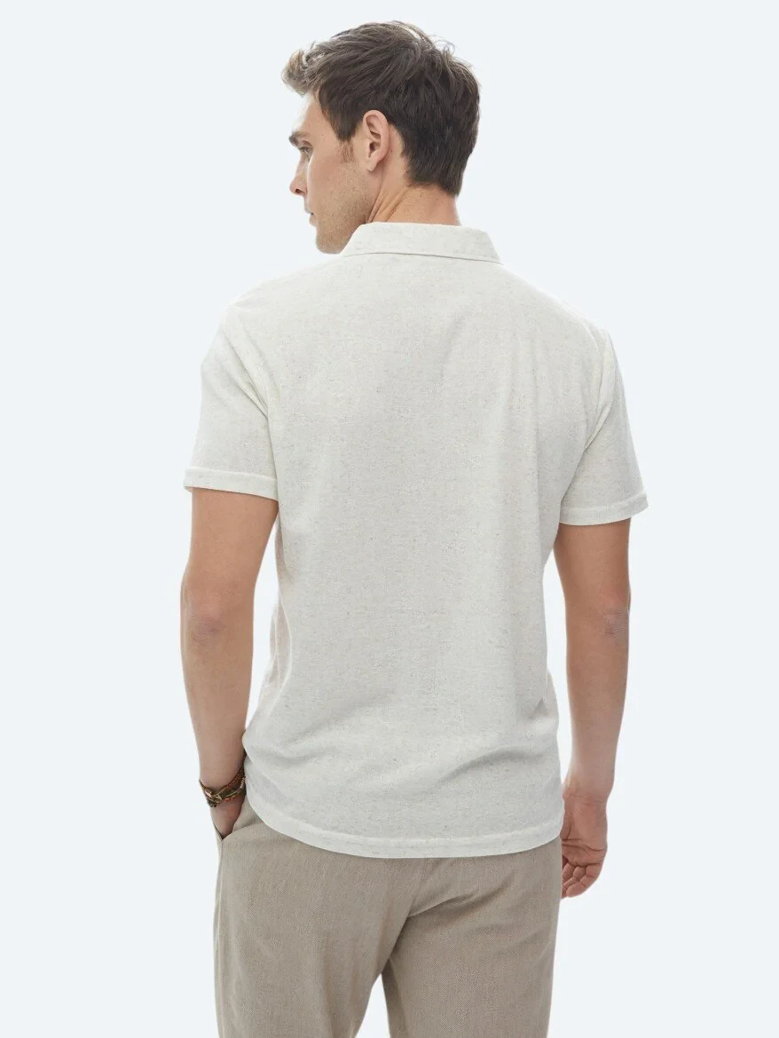 Beige Cuban Collar Linen Blended T-Shirt - 6