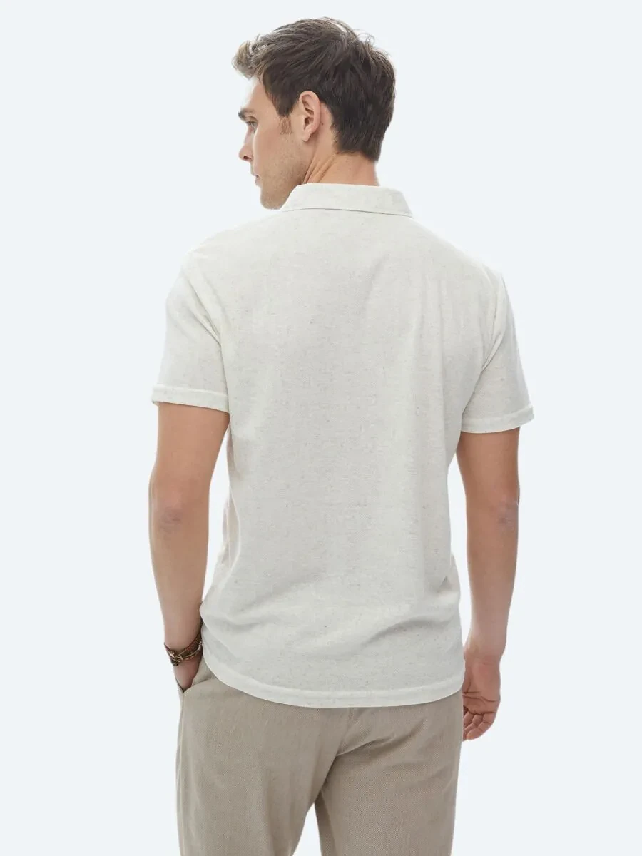 Beige Cuban Collar Linen Blended T-Shirt - 6