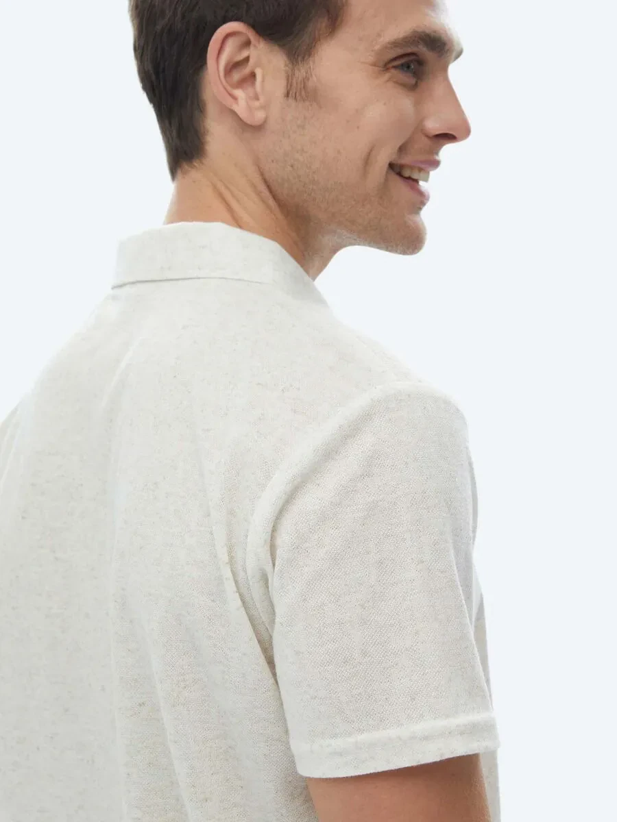 Beige Cuban Collar Linen Blended T-Shirt - 7