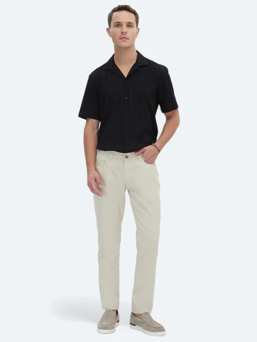 Beige Denim Slim Fit Casual Cotton Blended Trousers - 1