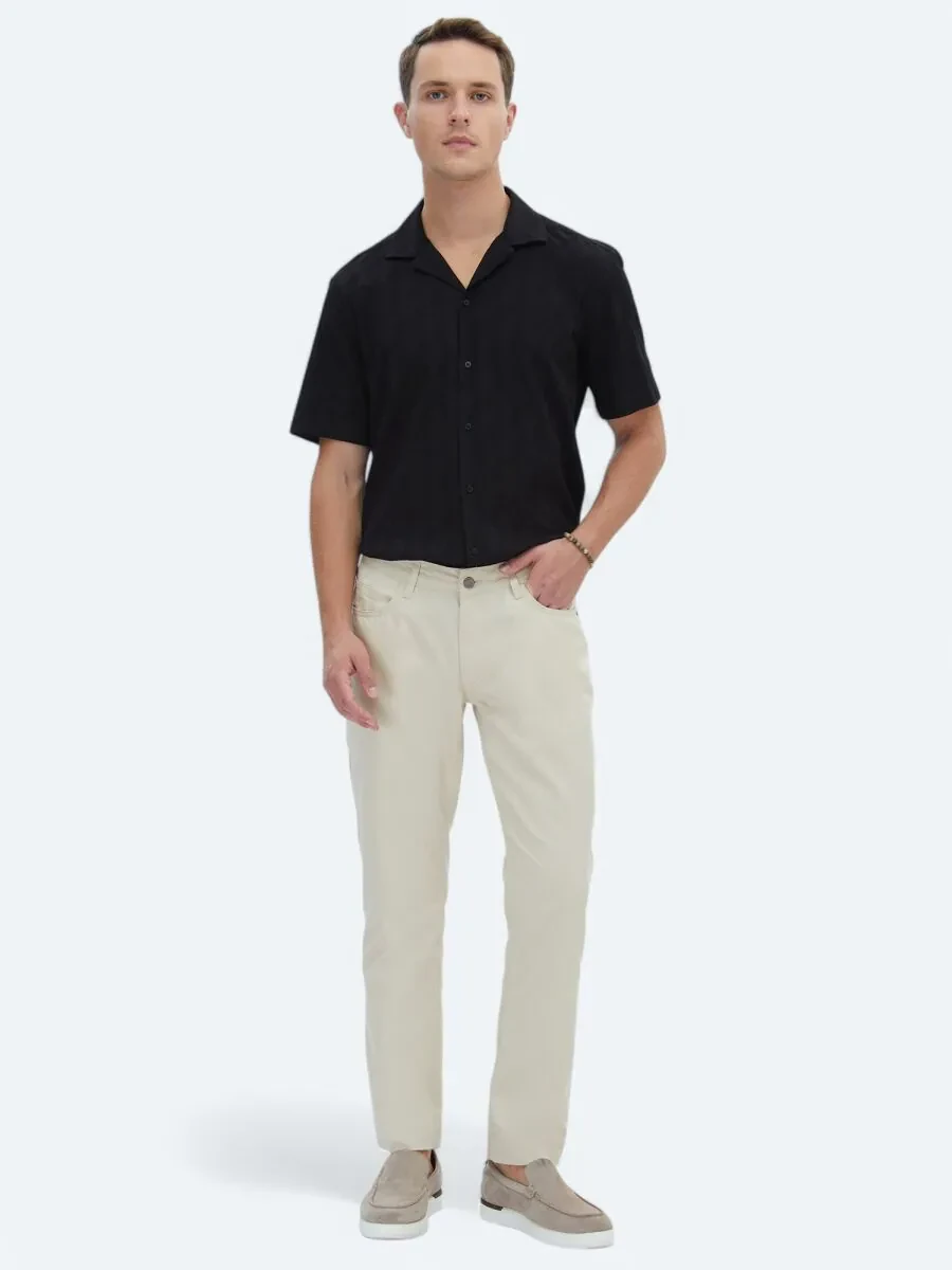 Beige Denim Slim Fit Casual Cotton Blended Trousers - 1