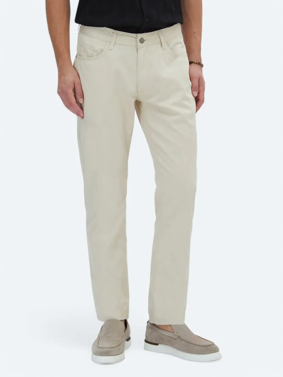 Beige Denim Slim Fit Casual Cotton Blended Trousers - 2