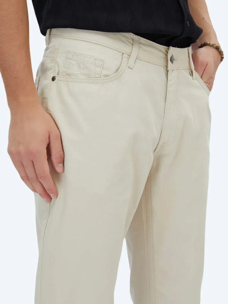 Beige Denim Slim Fit Casual Cotton Blended Trousers - 3