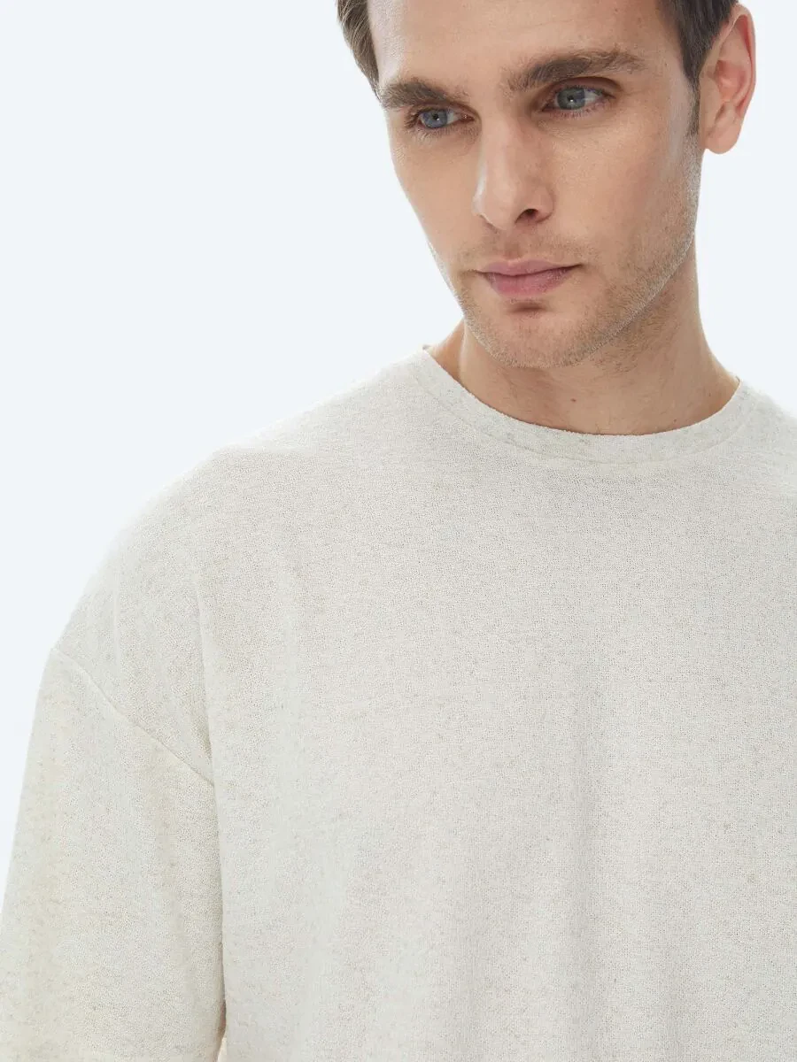 Beige Jacquard Crew Neck Linen Blended T-Shirt - 3