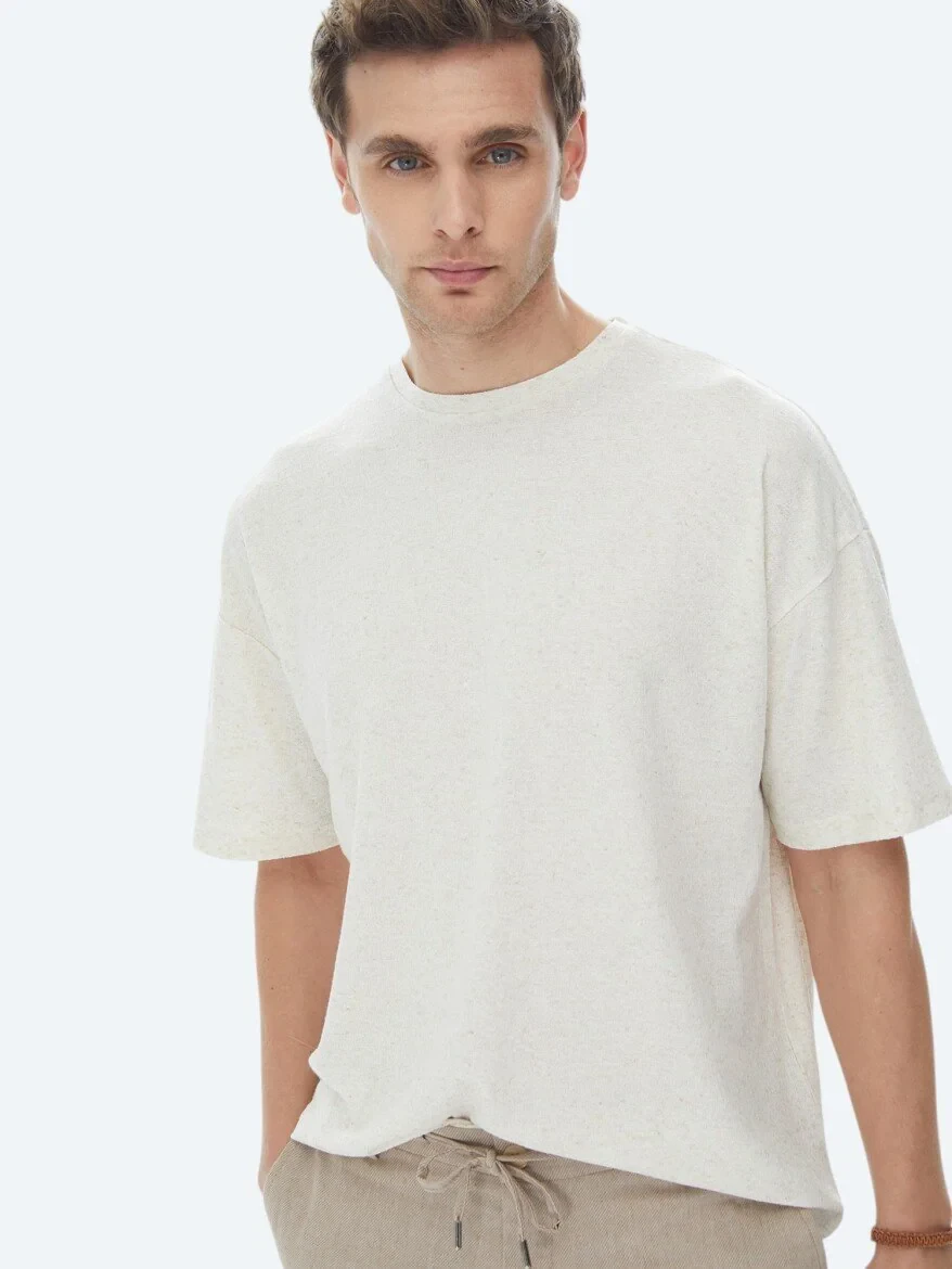 Beige Jacquard Crew Neck Linen Blended T-Shirt - 5