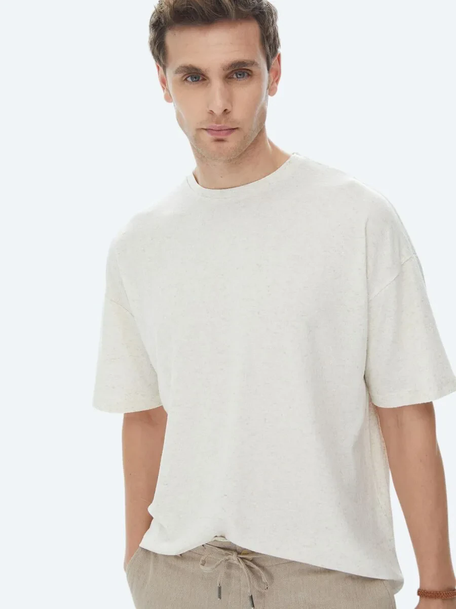Beige Jacquard Crew Neck Linen Blended T-Shirt - 5