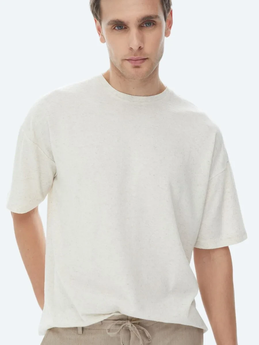 Beige Jacquard Crew Neck Linen Blended T-Shirt - 9