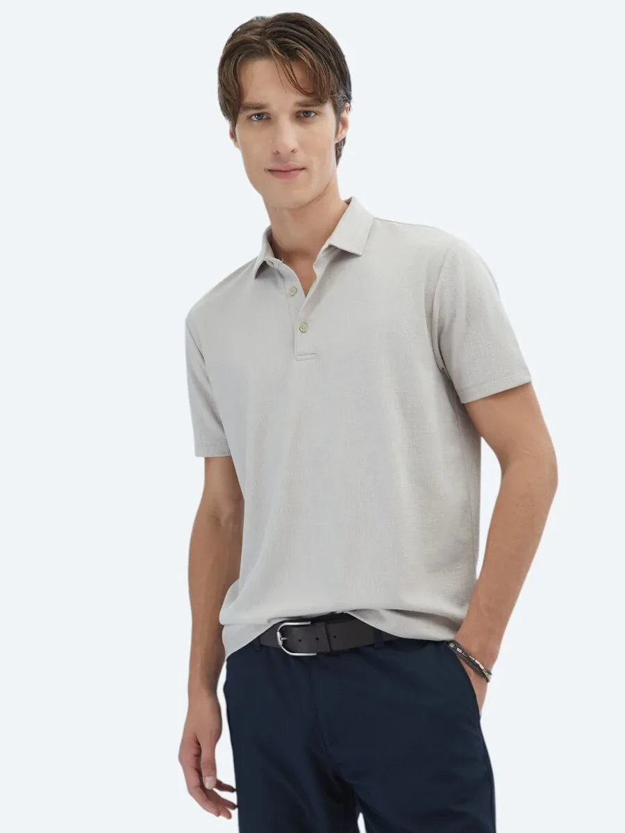 Beige Jacquard Polo Neck T-Shirt - 1