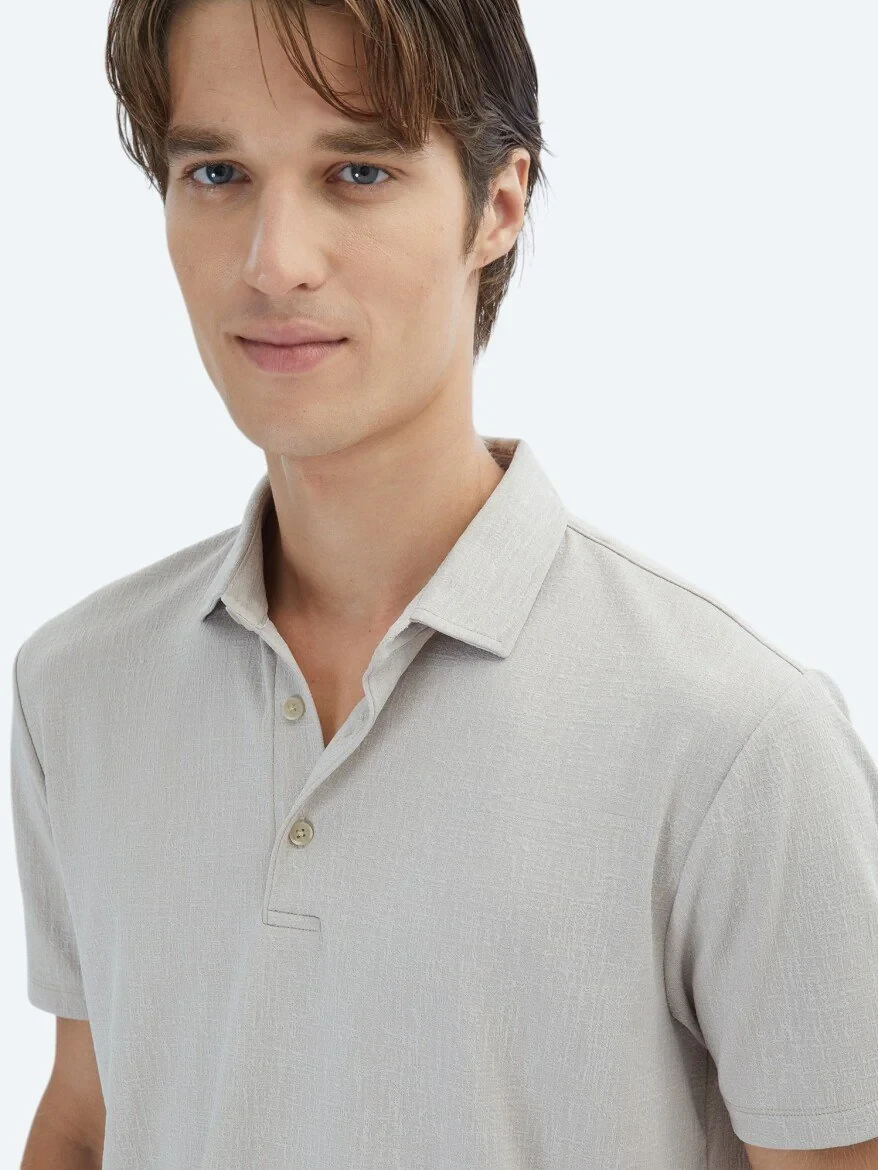 Beige Jacquard Polo Neck T-Shirt - 4