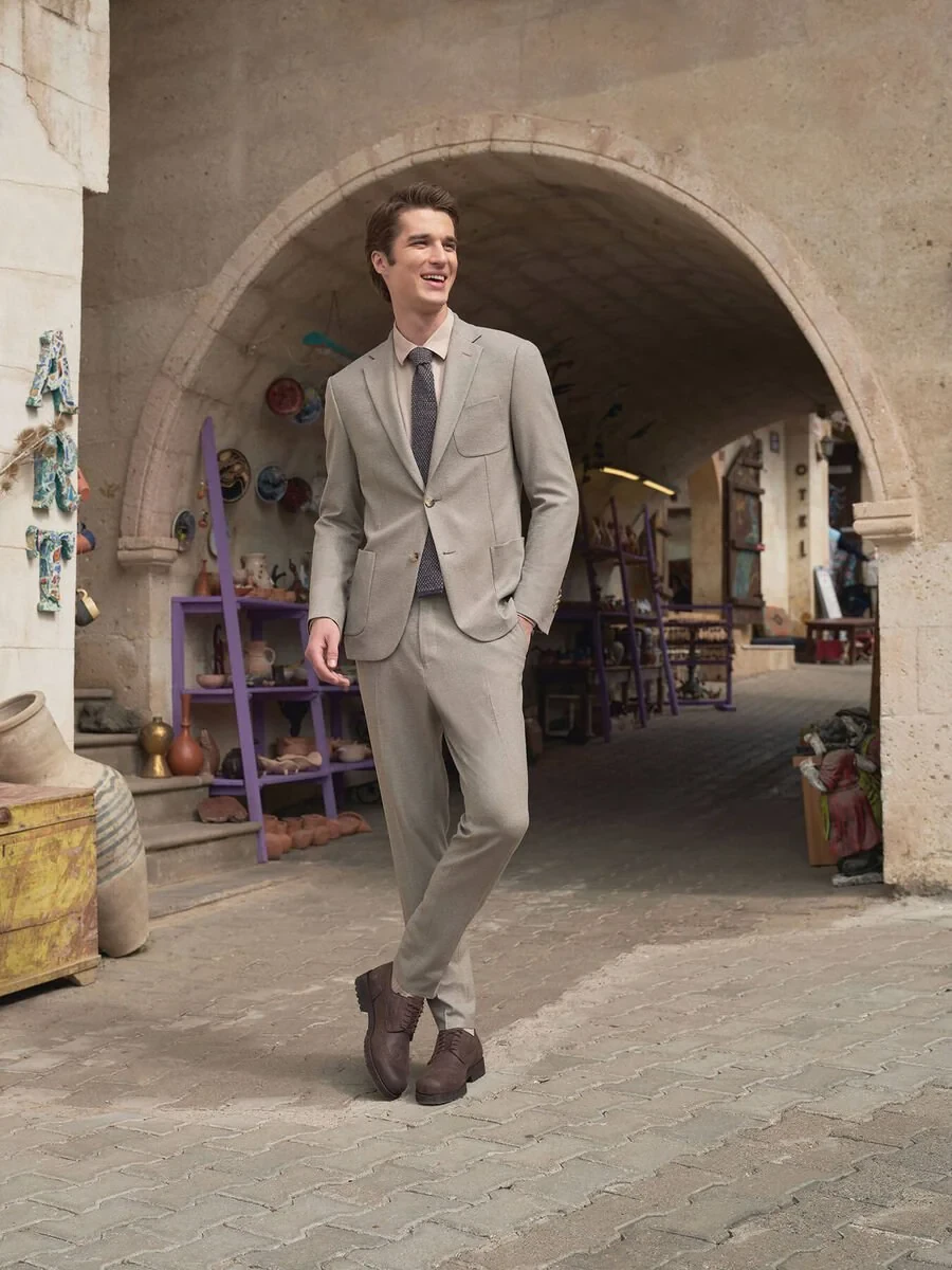 Beige Micro Slim Fit Suit - 1