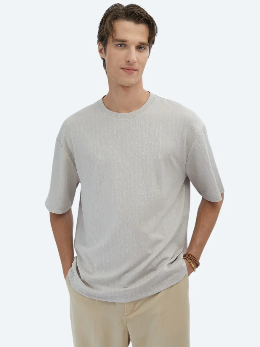 Beige Patterned Crew Neck T-Shirt - 1