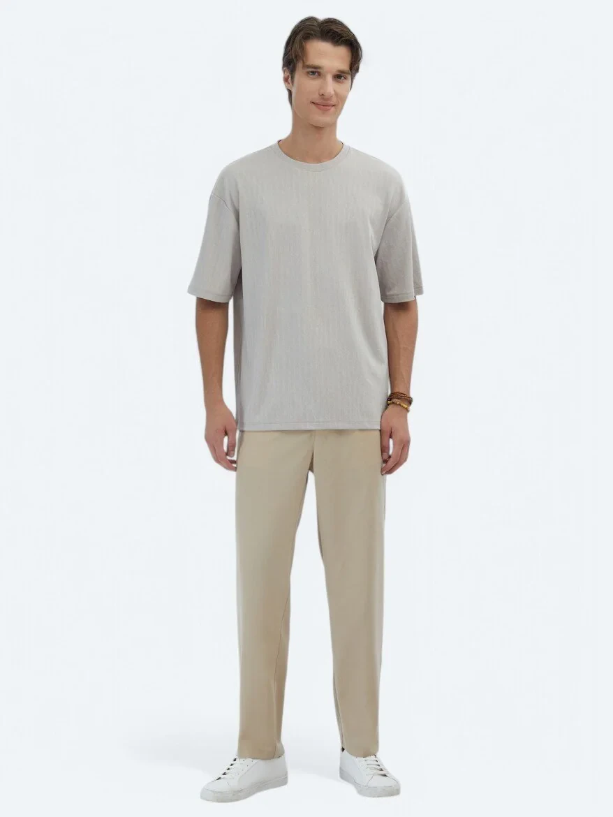 Beige Patterned Crew Neck T-Shirt - 2