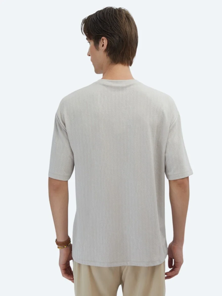 Beige Patterned Crew Neck T-Shirt - 5