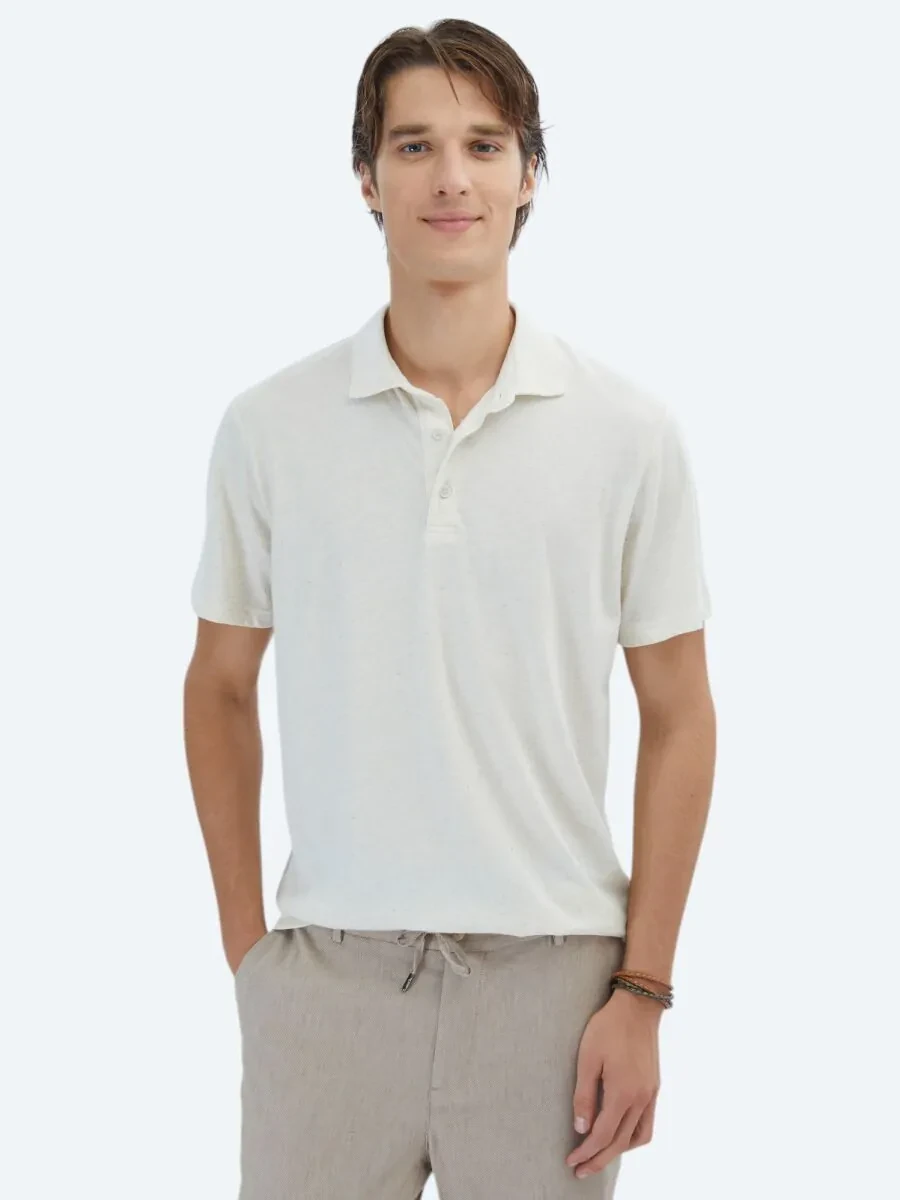 Beige Patterned Polo Neck Cotton Blended T-Shirt - 1
