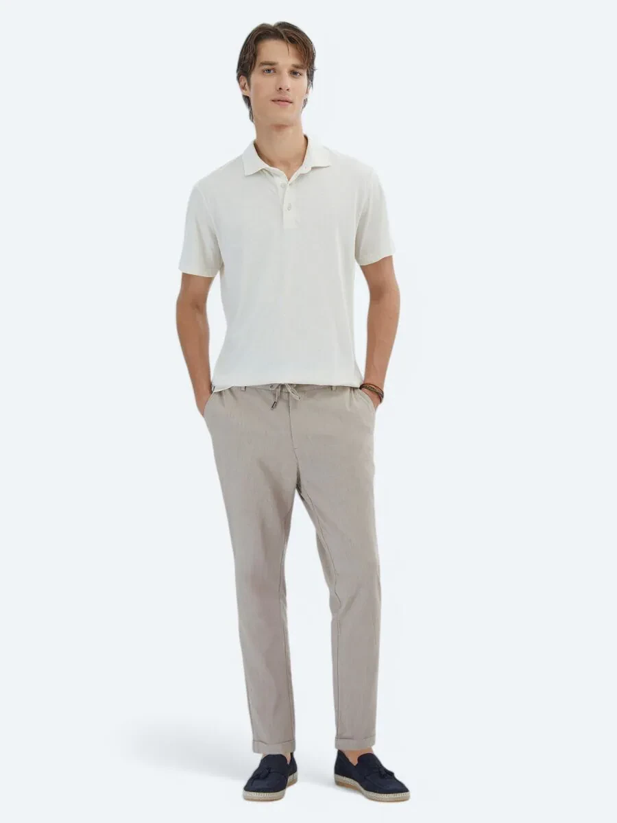 Beige Patterned Polo Neck Cotton Blended T-Shirt - 2