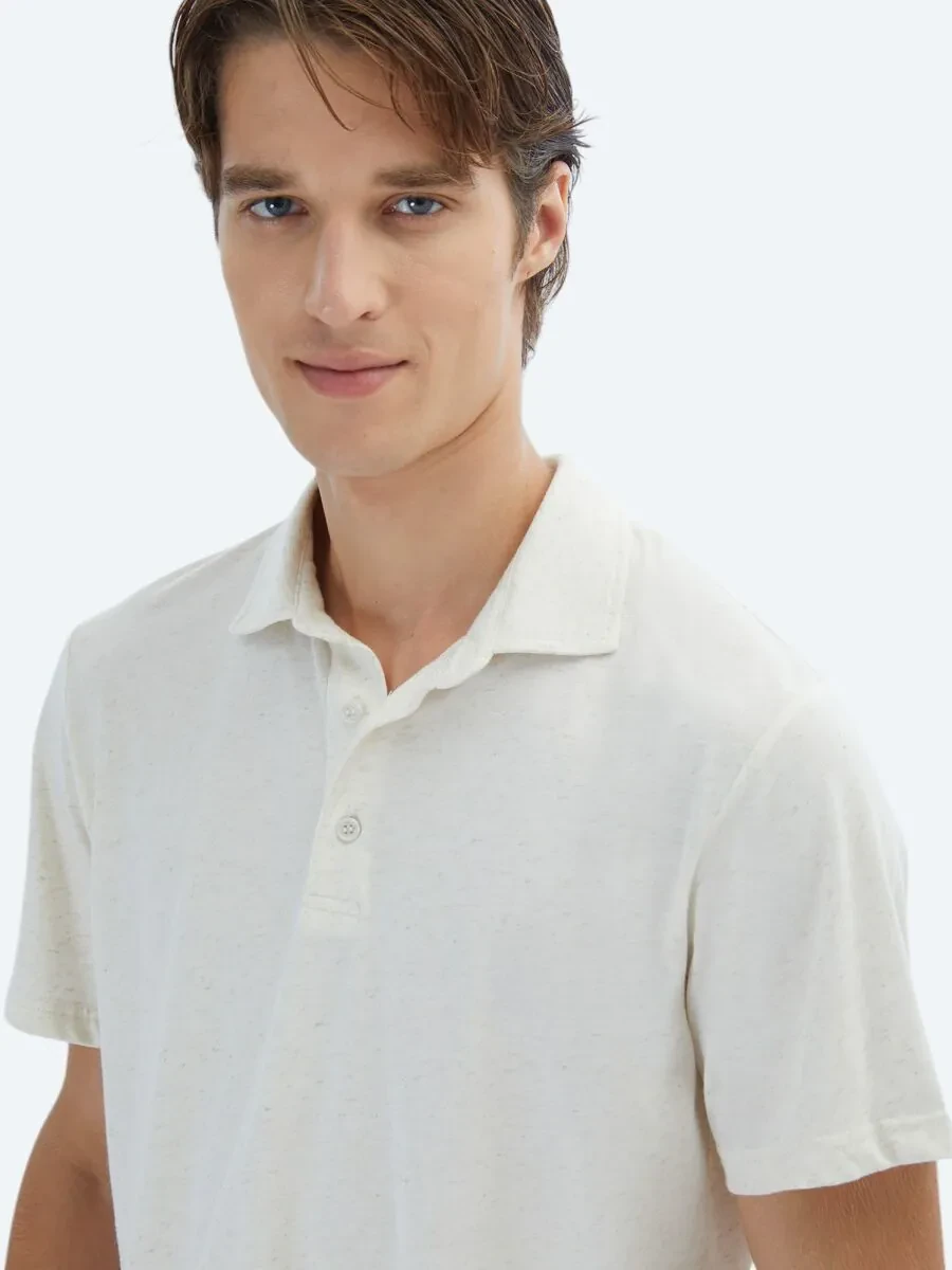 Beige Patterned Polo Neck Cotton Blended T-Shirt - 3