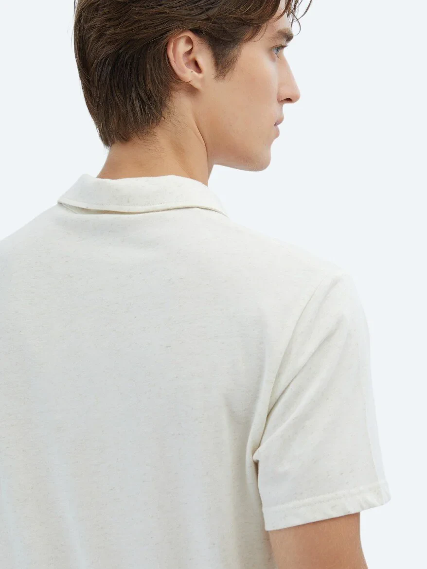 Beige Patterned Polo Neck Cotton Blended T-Shirt - 5