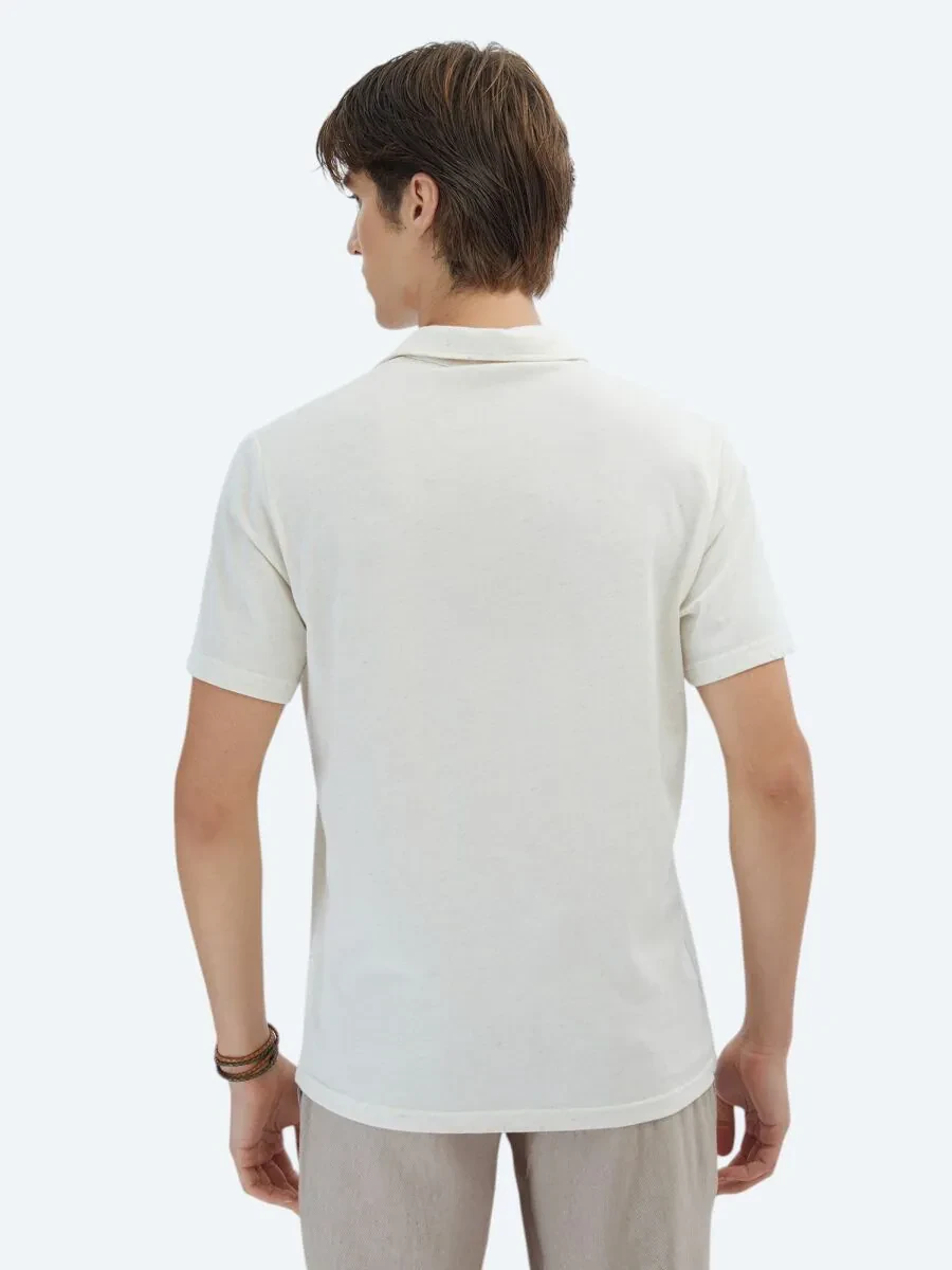 Beige Patterned Polo Neck Cotton Blended T-Shirt - 6