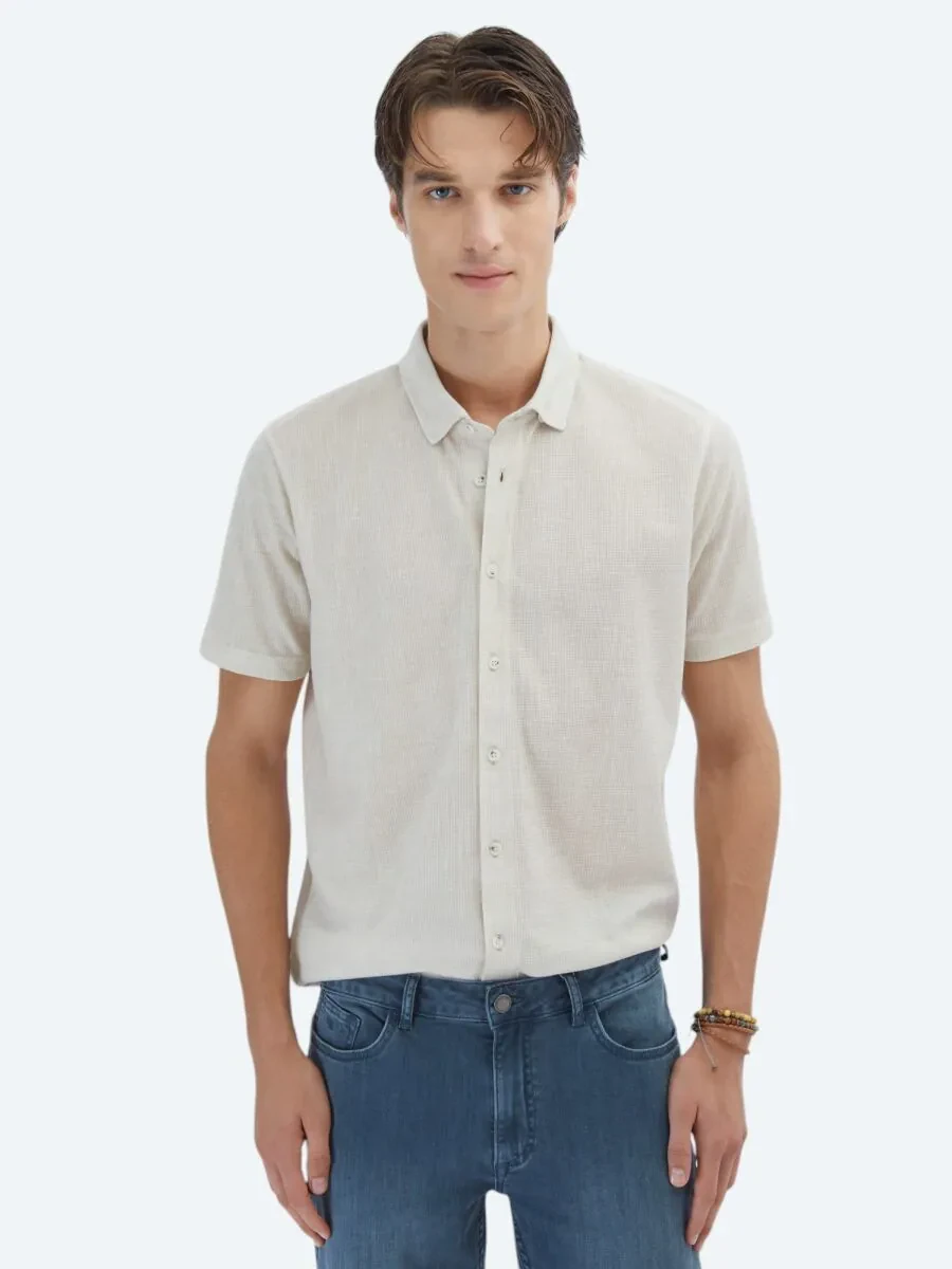 Beige Patterned Regular Fit Knitting Casual Shirt - 1
