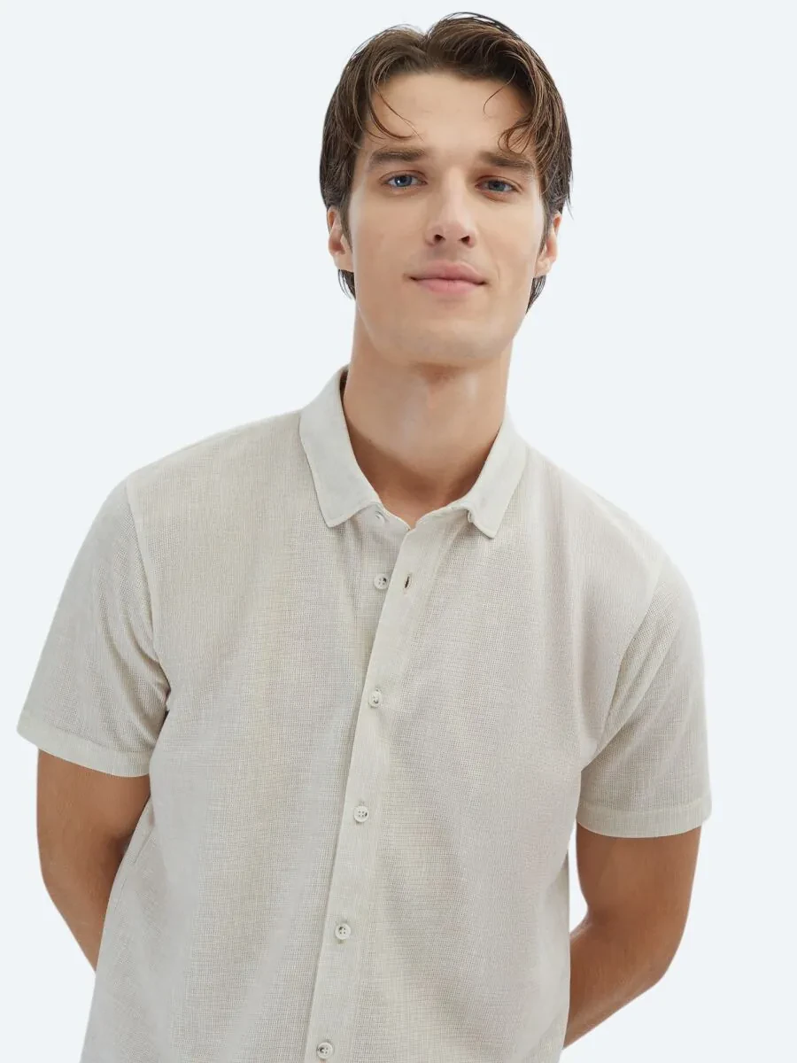 Beige Patterned Regular Fit Knitting Casual Shirt - 3