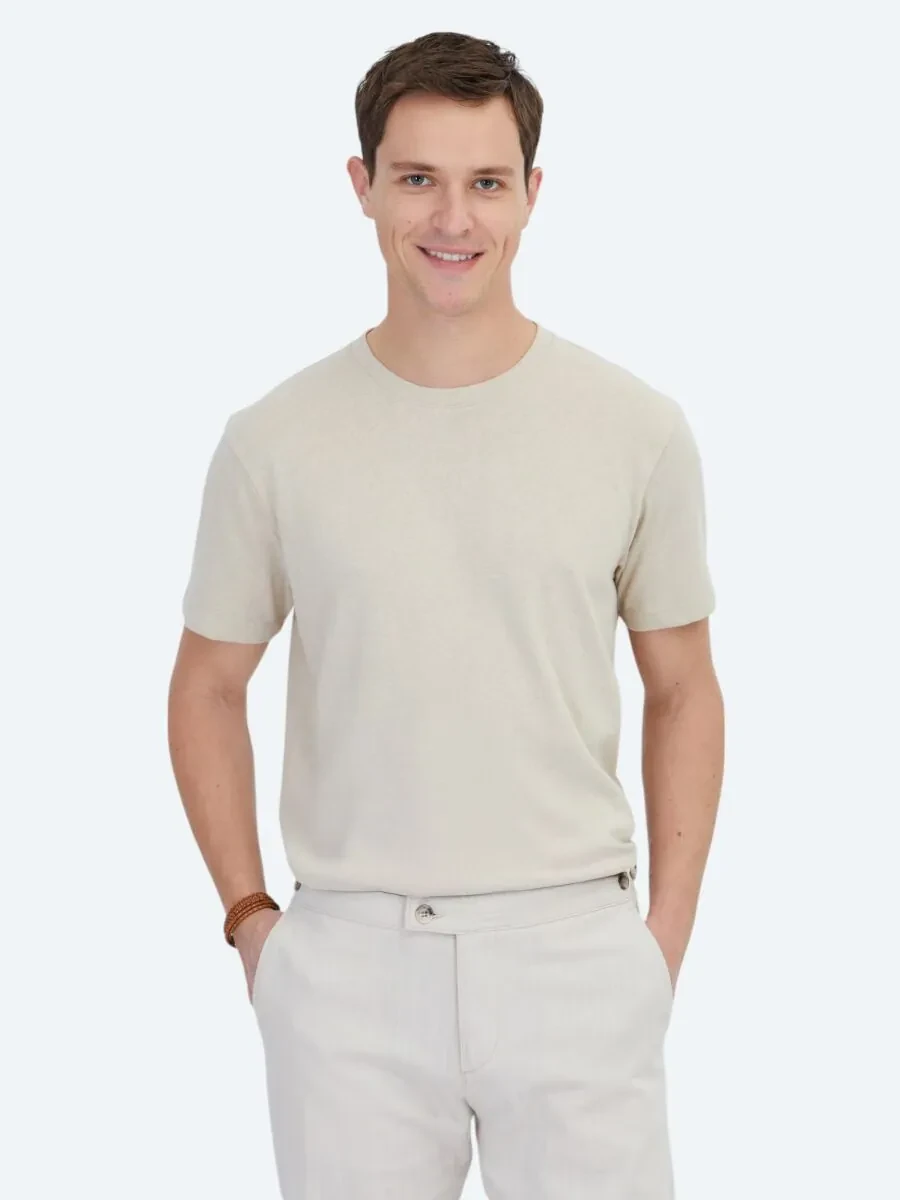Beige Plain Crew Neck Cotton Blended T-Shirt - 1